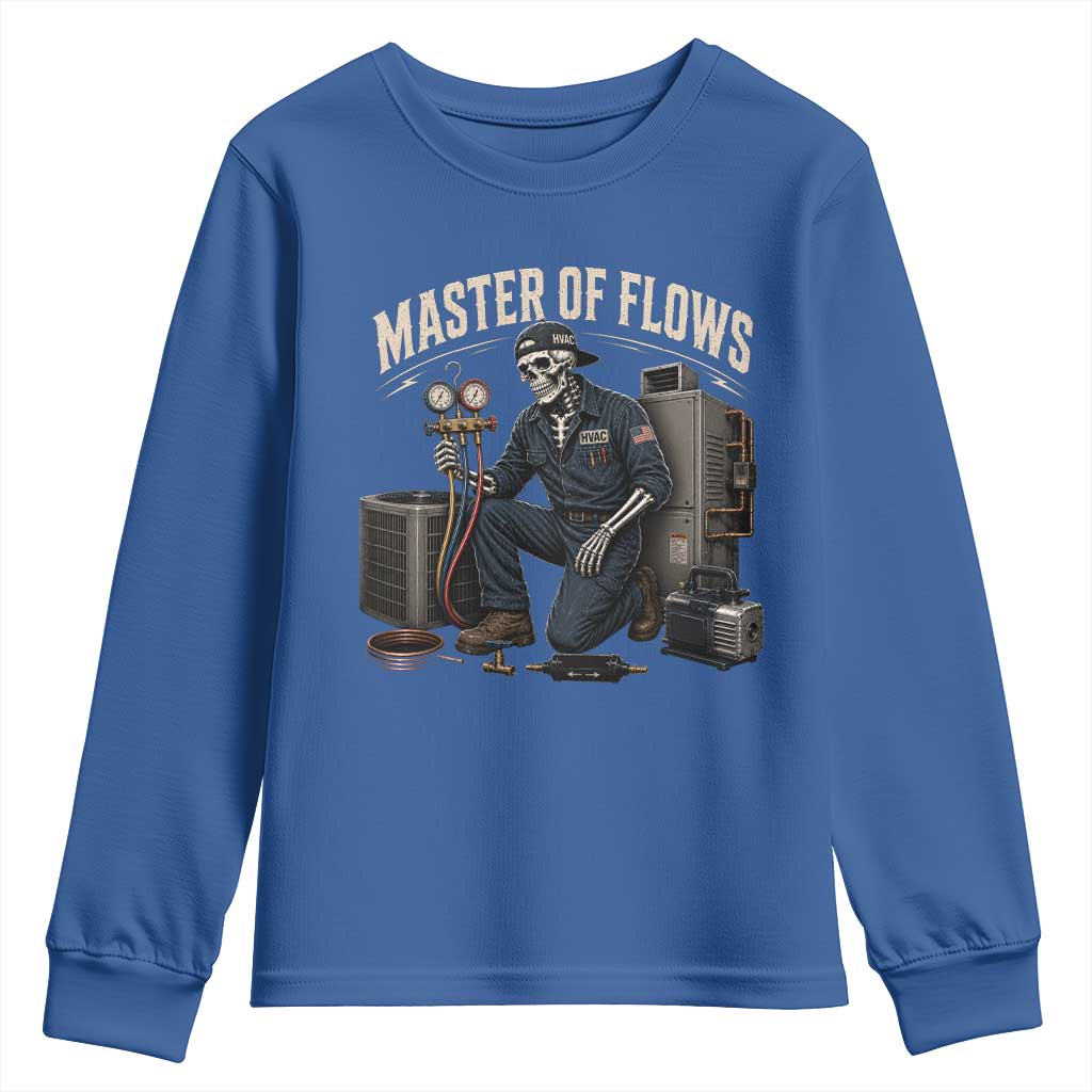 HVAC Tech Skeleton Mechanic Youth Sweatshirt Master Of Flows Vintage Distressed Graphic TS10 Royal Blue Print Your Wear