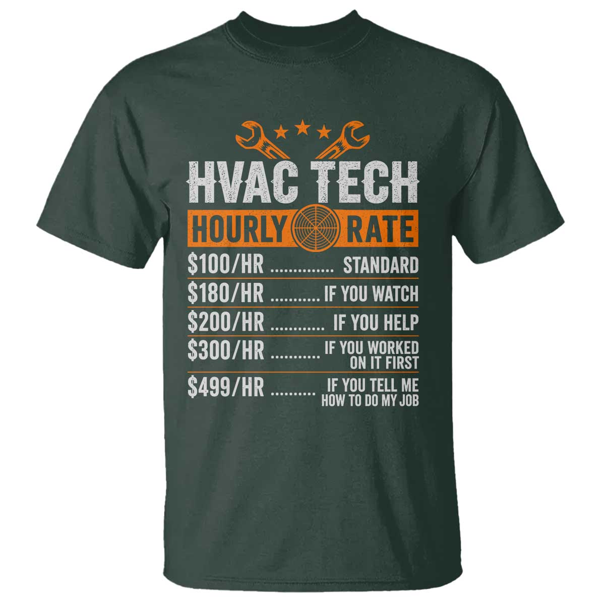 HVAC Tech Hourly Rate T Shirt Funny Labor Pricing List Technician Quote Graphic TS10 Dark Forest Green Print Your Wear