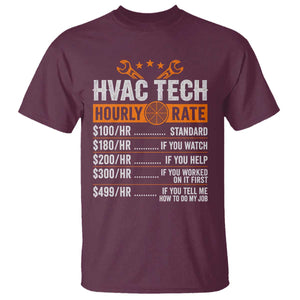 HVAC Tech Hourly Rate T Shirt Funny Labor Pricing List Technician Quote Graphic TS10 Maroon Print Your Wear