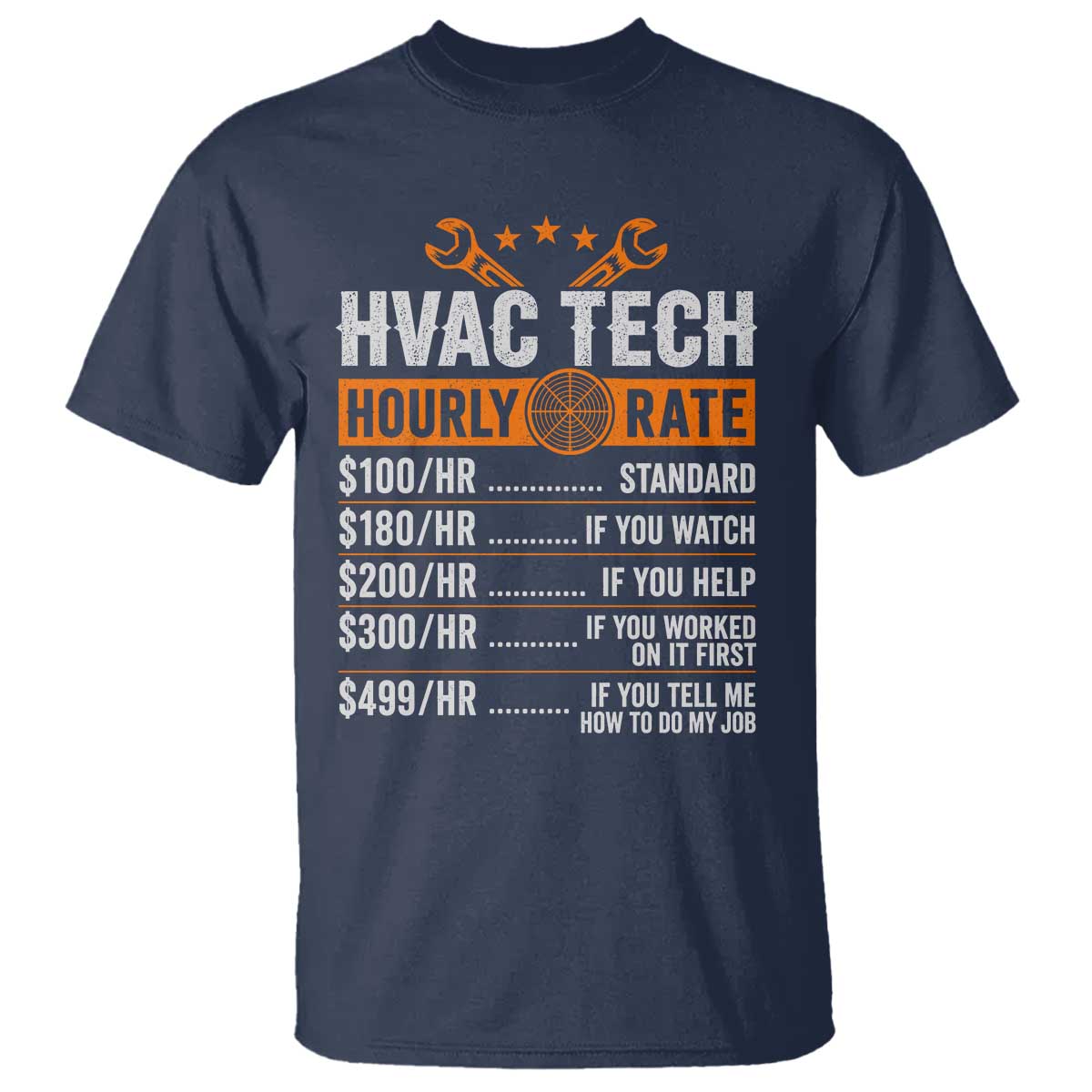 HVAC Tech Hourly Rate T Shirt Funny Labor Pricing List Technician Quote Graphic TS10 Navy Print Your Wear