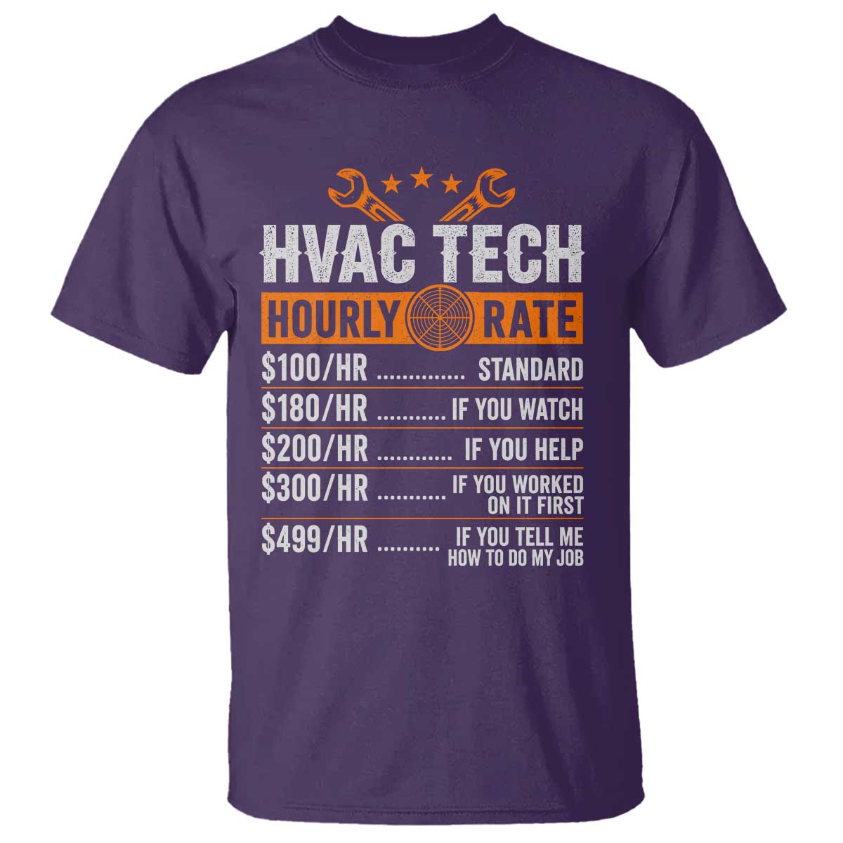 HVAC Tech Hourly Rate T Shirt Funny Labor Pricing List Technician Quote Graphic TS10 Purple Print Your Wear