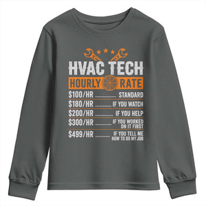 HVAC Tech Hourly Rate Youth Sweatshirt Funny Labor Pricing List Technician Quote Graphic TS10 Dark Heather Print Your Wear