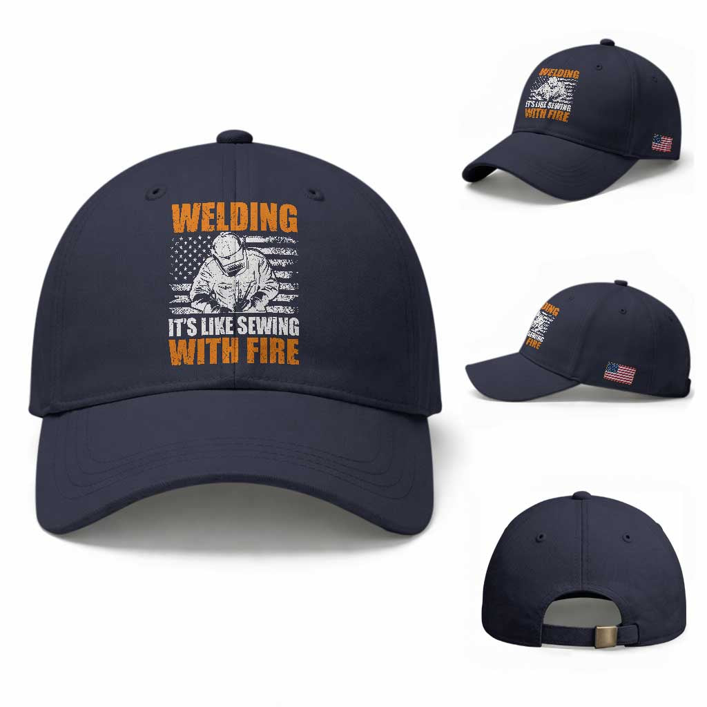 Welder Gifts for Men Baseball Cap Welding Its Like Sewing With Fire American Flag TS10 Baseball Cap Universal Fit Navy Print Your Wear