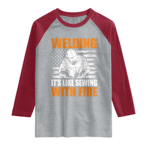 Welder Gifts for Men Raglan Shirt Welding Its Like Sewing With Fire American Flag TS10 Heather Gray Heather Red Print Your Wear