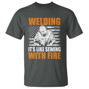 Welder Gifts for Men T Shirt Welding Its Like Sewing With Fire American Flag TS10 Dark Heather Print Your Wear