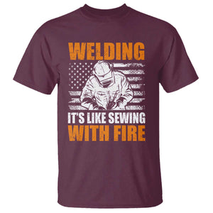 Welder Gifts for Men T Shirt Welding Its Like Sewing With Fire American Flag TS10 Maroon Print Your Wear