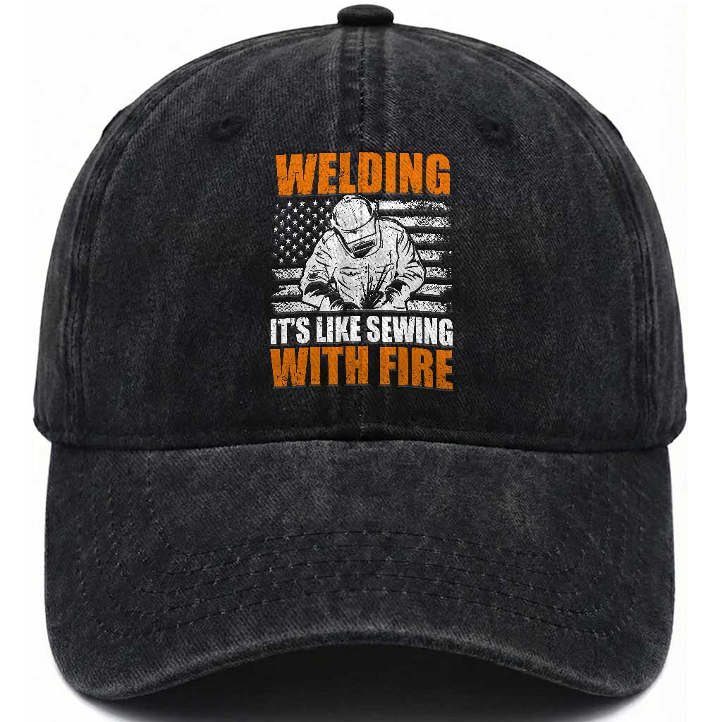 Welder Gifts for Men Washed Cotton Baseball Cap Welding Its Like Sewing With Fire American Flag TS10 Print Your Wear