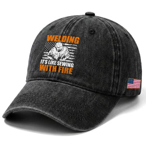 Welder Gifts for Men Washed Cotton Baseball Cap Welding Its Like Sewing With Fire American Flag TS10 Print Your Wear