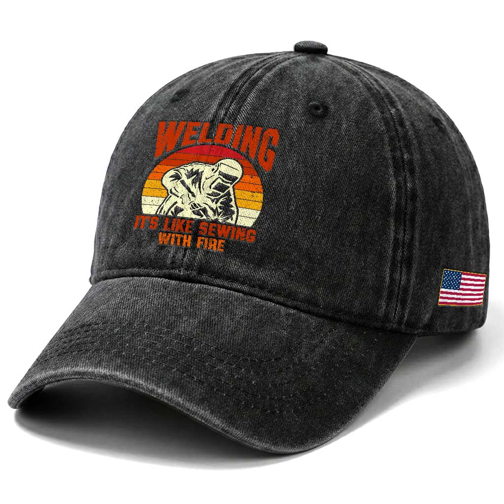 Funny Welder Washed Cotton Baseball Cap Welding It's Like Sewing With Fire Retro Graphic TS10 Print Your Wear