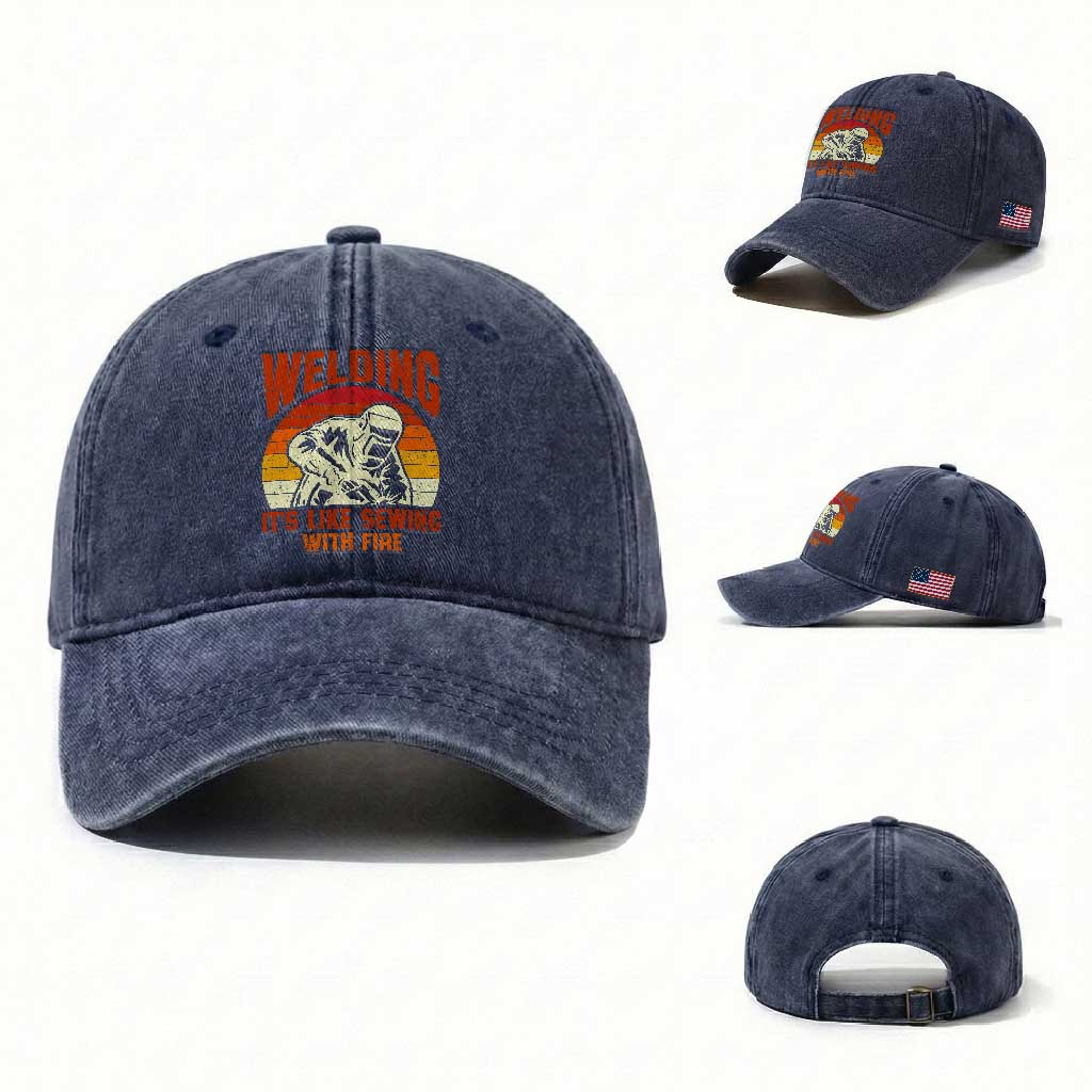 Funny Welder Washed Cotton Baseball Cap Welding It's Like Sewing With Fire Retro Graphic TS10 Washed Cap Universal Fit Navy Print Your Wear