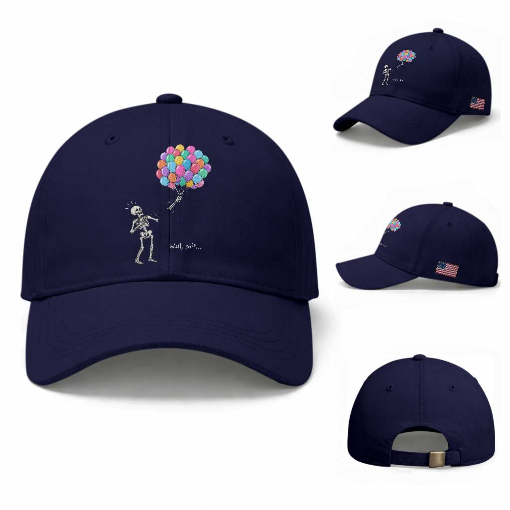 Well Shit Skeleton Detached Arm Baseball Cap Gothic Halloween Flying Balloons Graphic TS10 Baseball Cap Universal Fit Dark Blue Print Your Wear