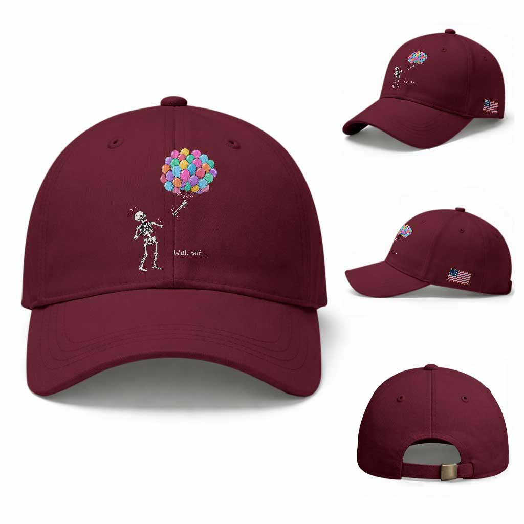 Well Shit Skeleton Detached Arm Baseball Cap Gothic Halloween Flying Balloons Graphic TS10 Baseball Cap Universal Fit Maroon Print Your Wear