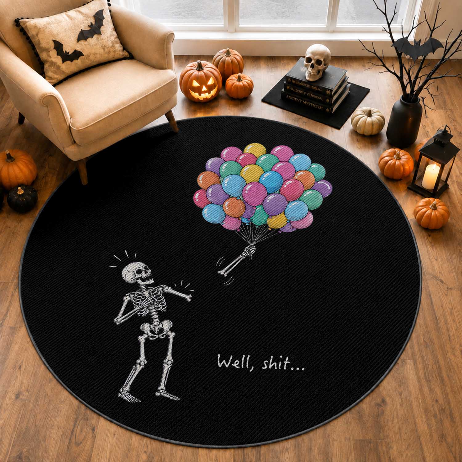 Well Shit Skeleton Detached Arm Round Rug Gothic Halloween Flying Balloons Graphic