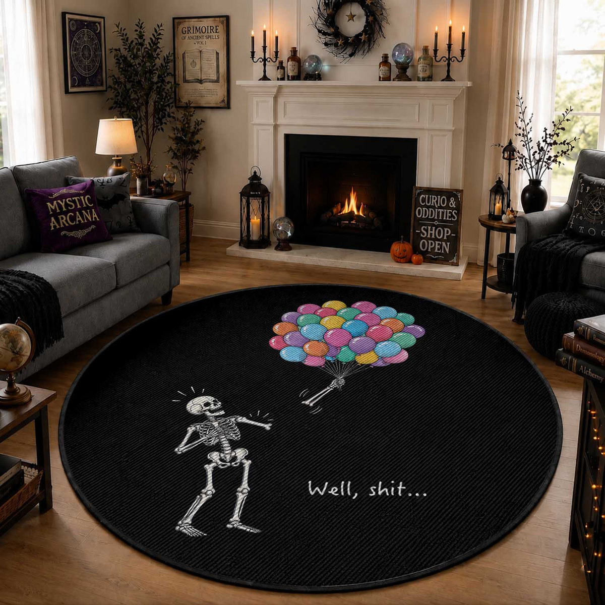 Well Shit Skeleton Detached Arm Round Rug Gothic Halloween Flying Balloons Graphic