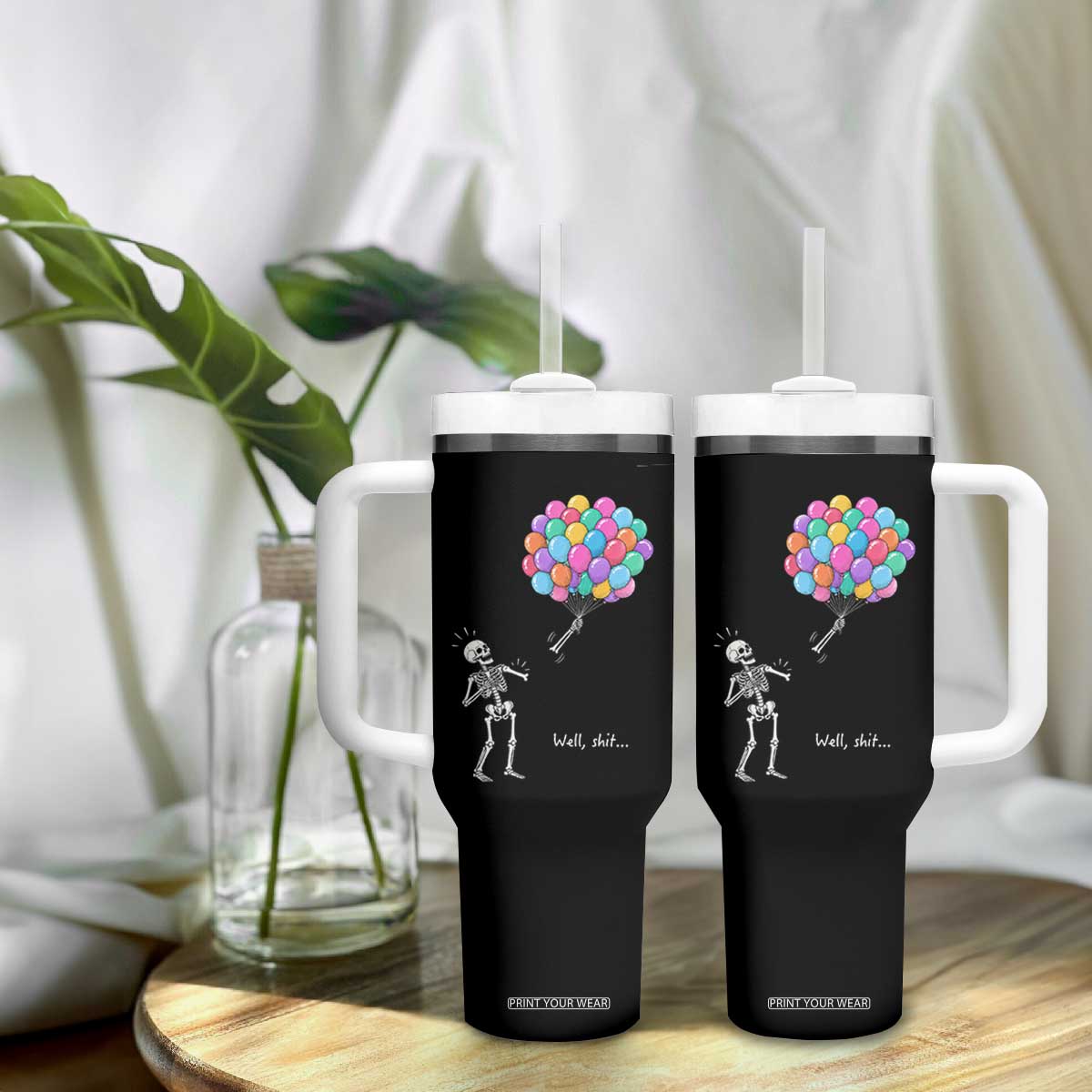 Well Shit Skeleton Detached Arm Tumbler With Handle Gothic Halloween Flying Balloons Graphic TS10 Print Your Wear