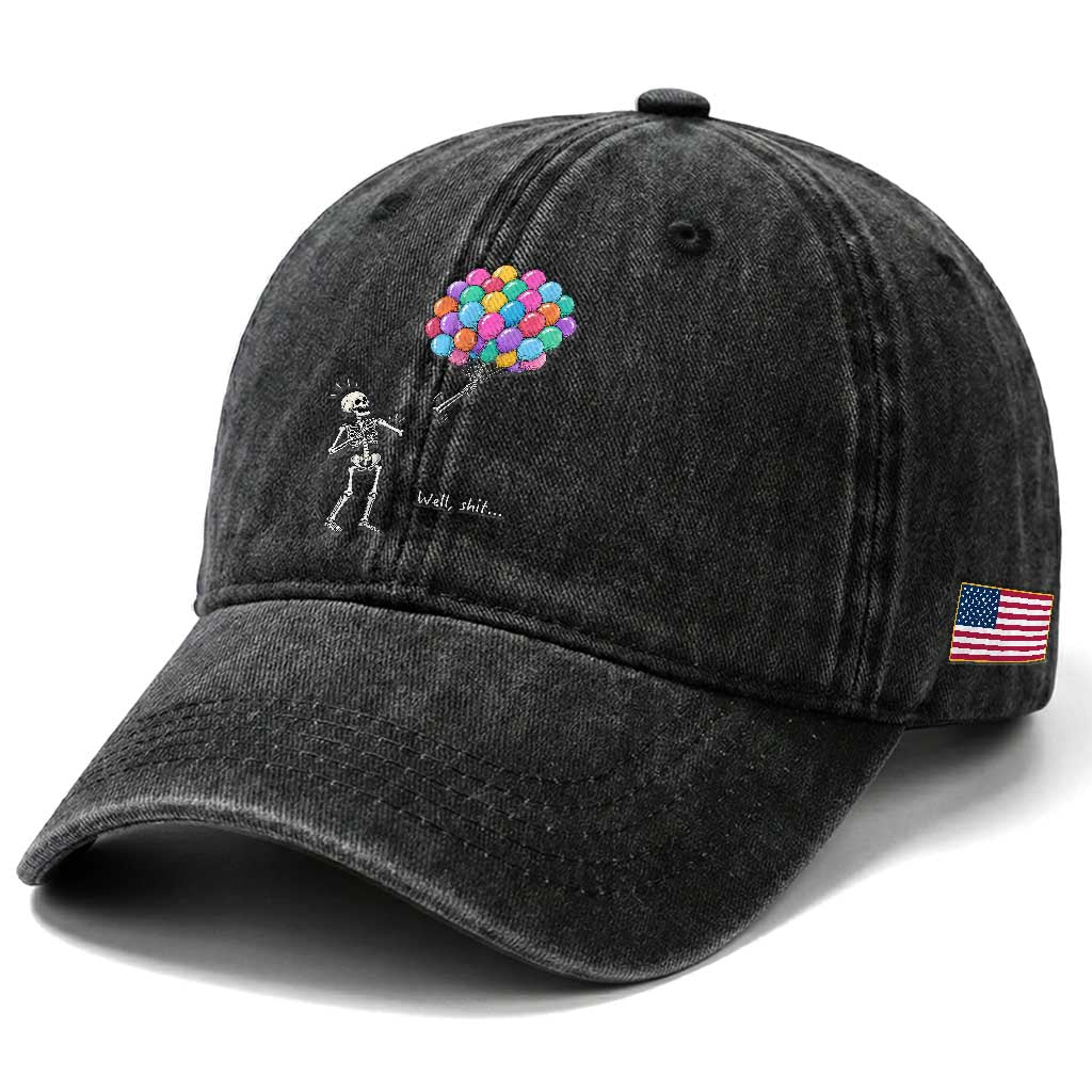 Well Shit Skeleton Detached Arm Washed Cotton Baseball Cap Gothic Halloween Flying Balloons Graphic TS10 Print Your Wear