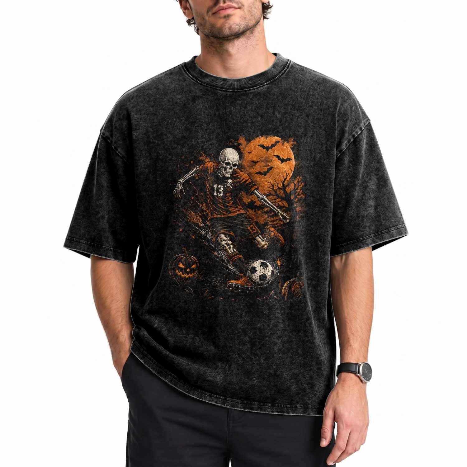 Halloween Soccer Skeleton Washed Cotton T-Shirt Spooky Scary Football Sport Vintage Full Moon Dark Fantasy