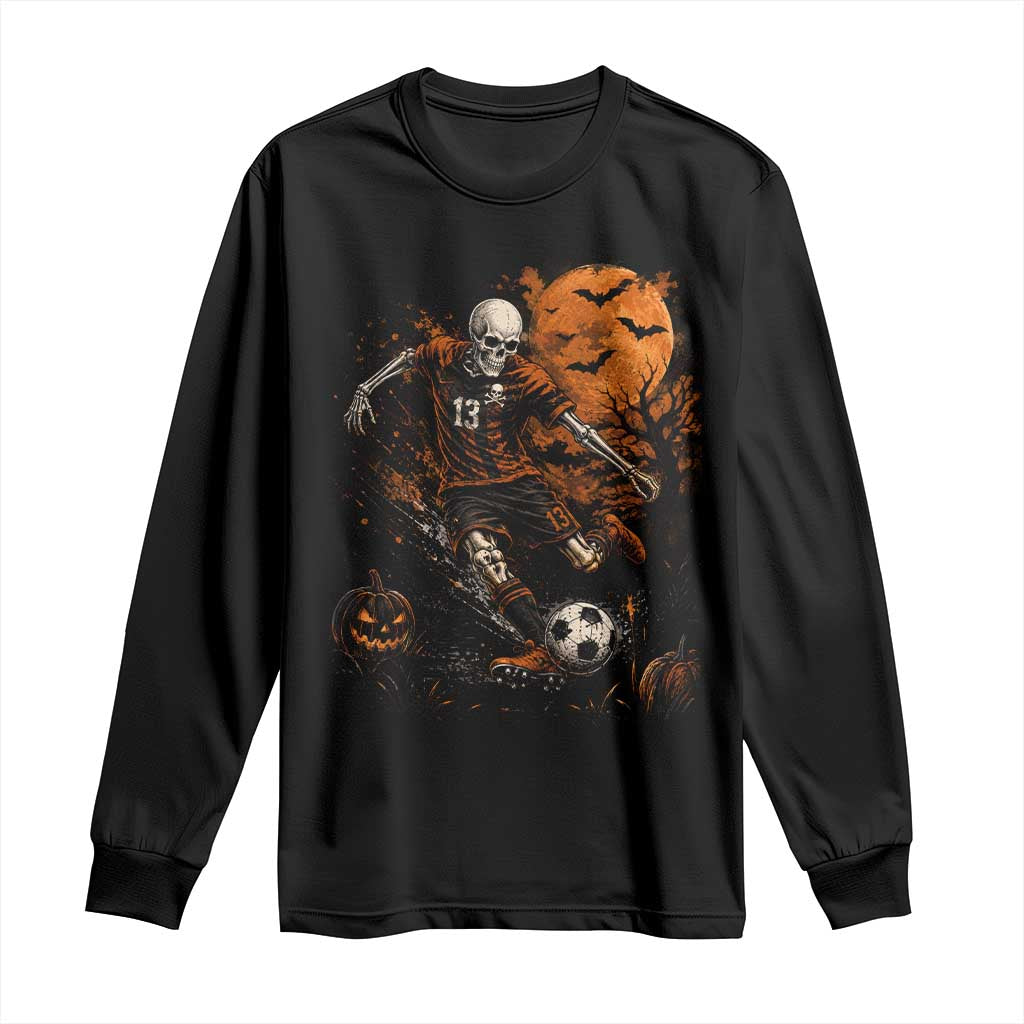 Halloween Soccer Skeleton Long Sleeve Shirt Spooky Scary Football Sport Vintage Full Moon Dark Fantasy