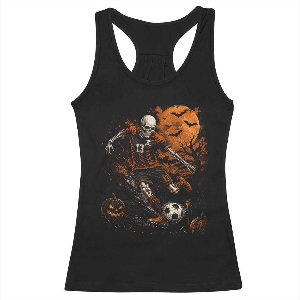 Halloween Soccer Skeleton Racerback Tank Top Spooky Scary Football Sport Vintage Full Moon Dark Fantasy