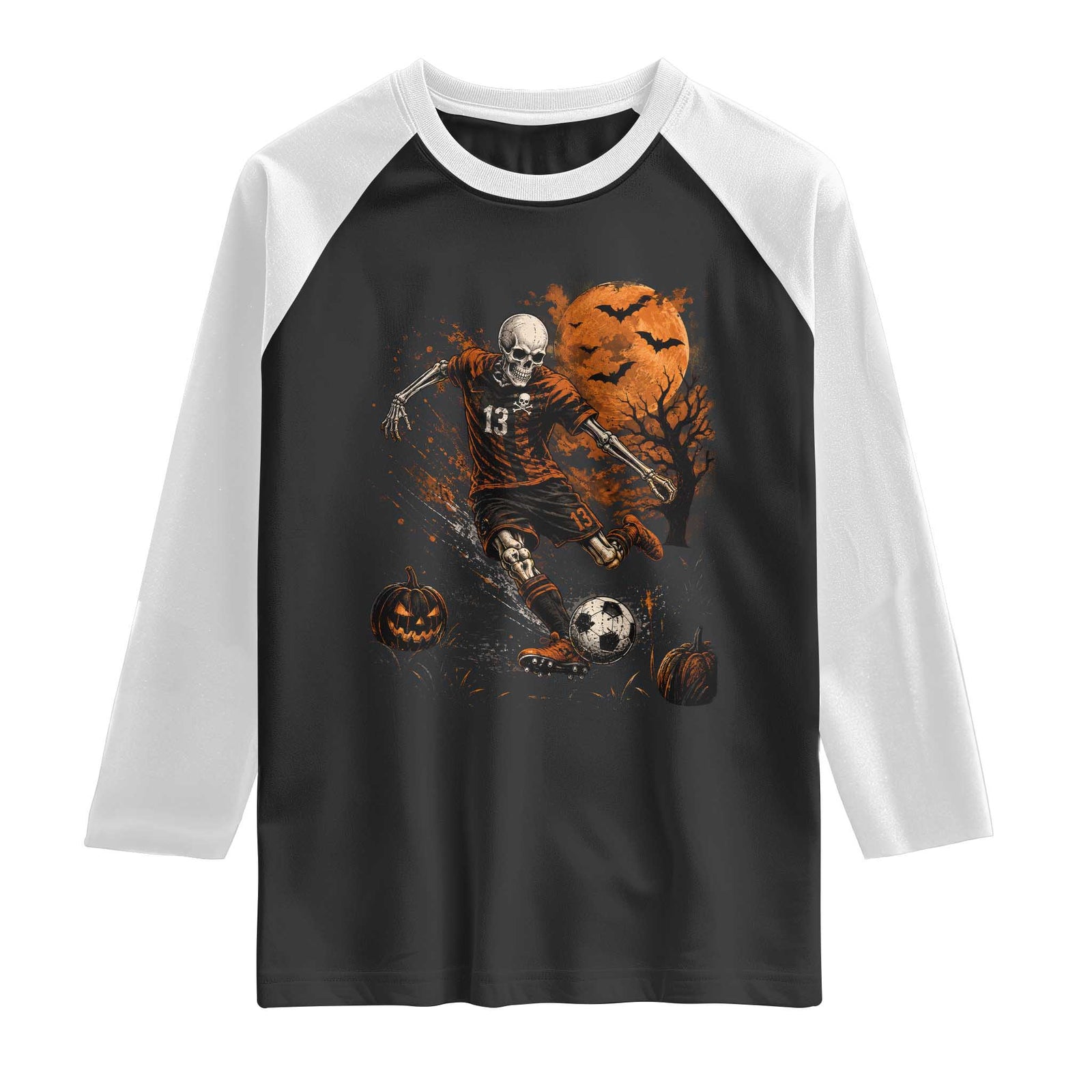 Halloween Soccer Skeleton Raglan Shirt Spooky Scary Football Sport Vintage Full Moon Dark Fantasy