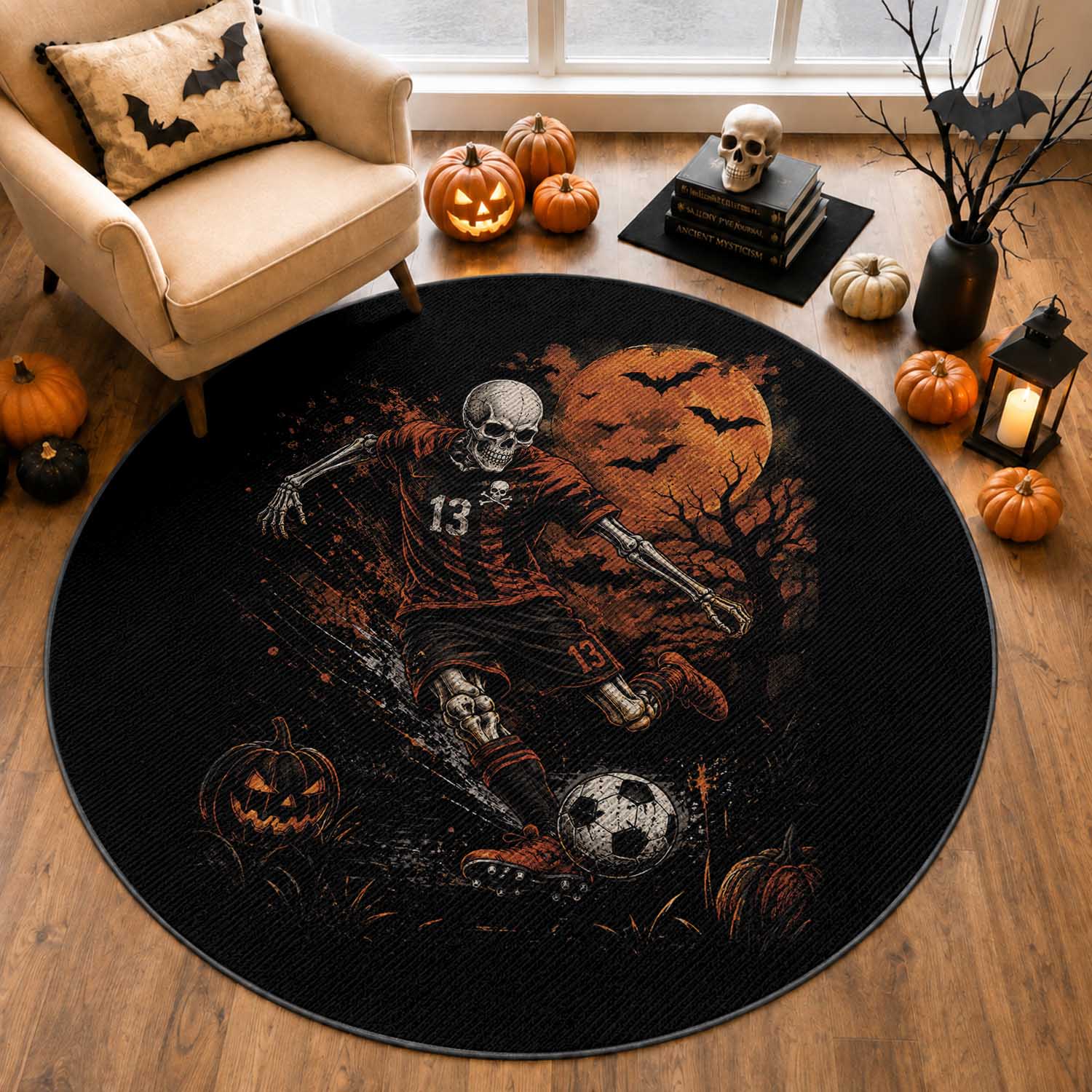 Halloween Soccer Skeleton Round Rug Spooky Scary Football Sport Vintage Full Moon Dark Fantasy