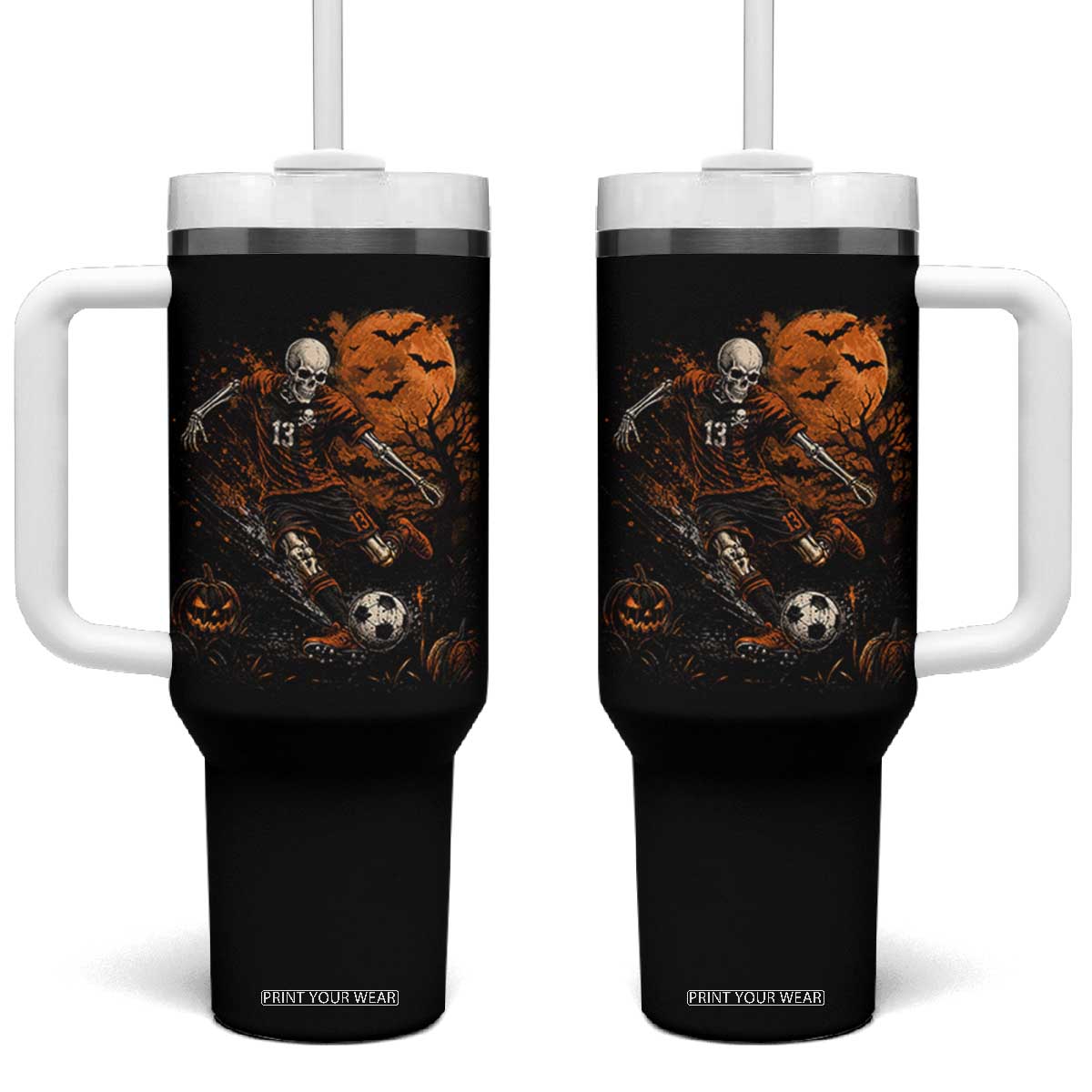 Halloween Soccer Skeleton Tumbler With Handle Spooky Scary Football Sport Vintage Full Moon Dark Fantasy