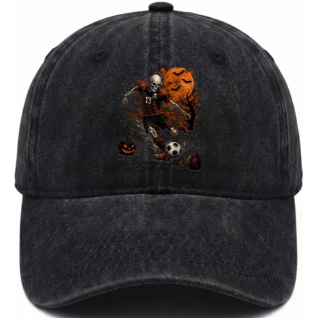 Halloween Soccer Skeleton Washed Cotton Baseball Cap Spooky Scary Football Sport Vintage Full Moon Dark Fantasy