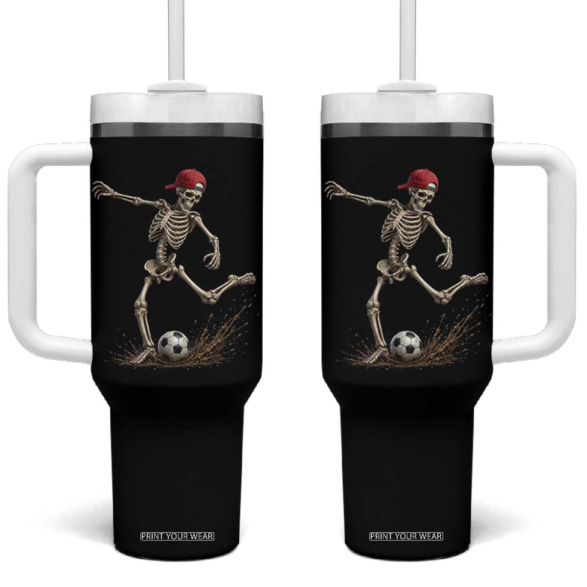 Skeleton Soccer Halloween Costume Tumbler With Handle Football Kicking Concept Funny Sports Fan