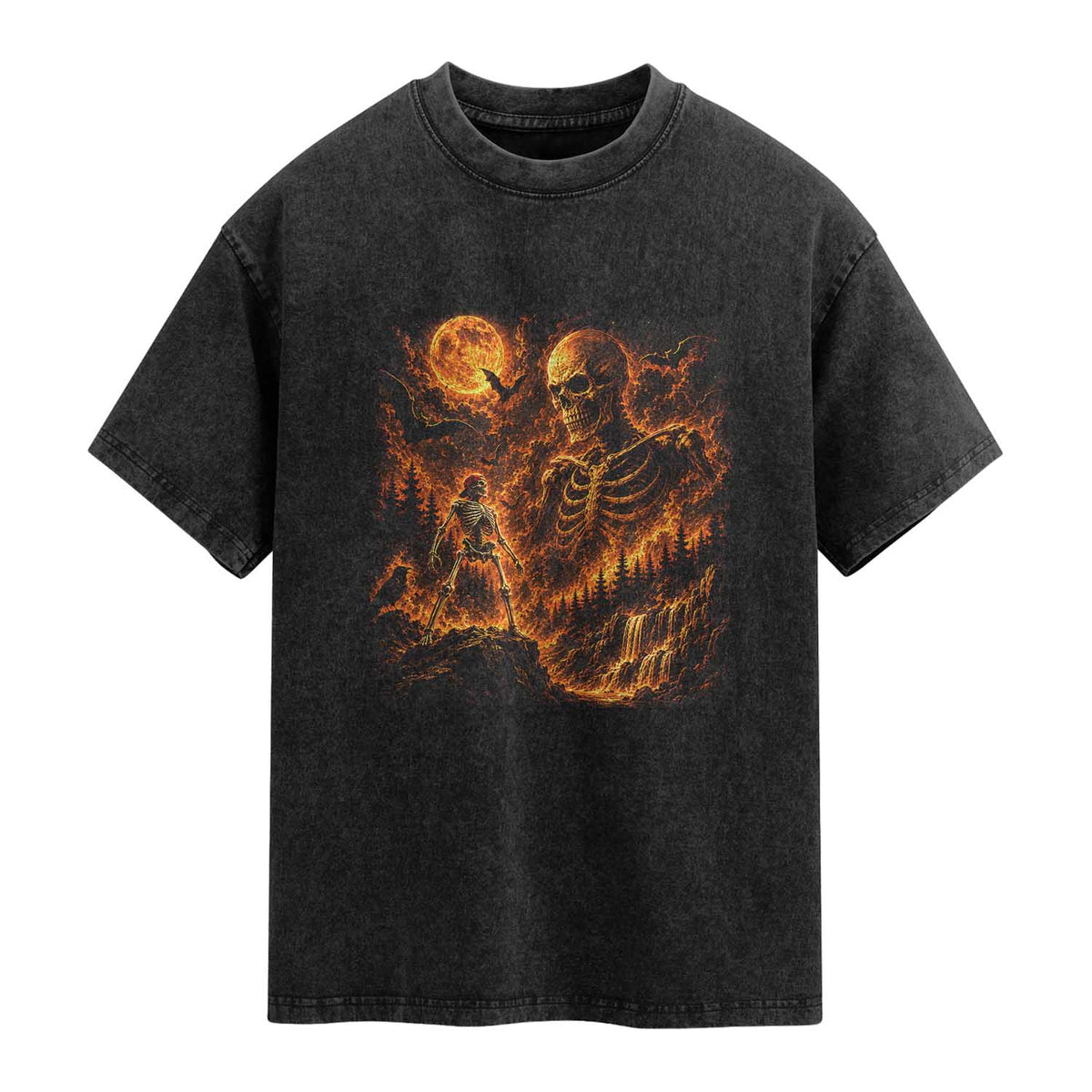 90s Retro Skeleton Full Moon Spooky Halloween Graphic Washed Cotton T-Shirt
