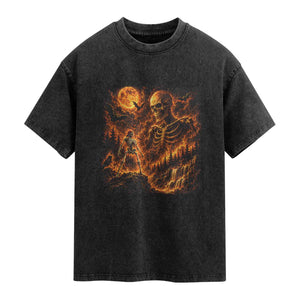 90s Retro Skeleton Full Moon Spooky Halloween Graphic Washed Cotton T-Shirt