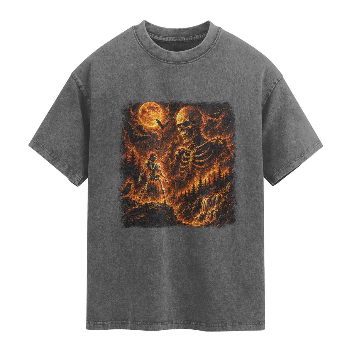 90s Retro Skeleton Full Moon Spooky Halloween Graphic Washed Cotton T-Shirt