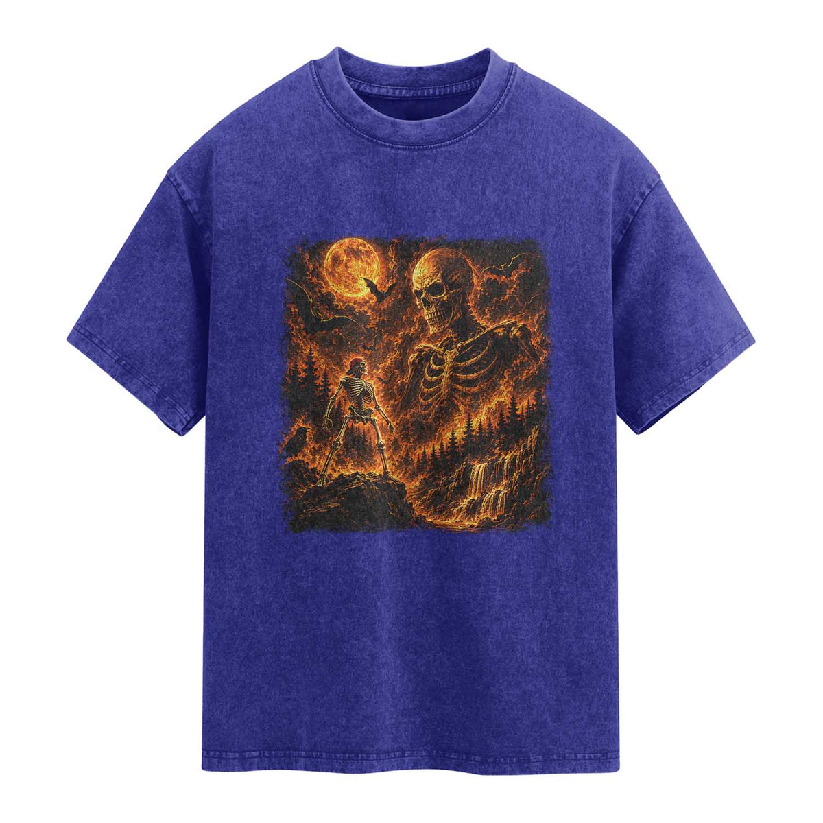 90s Retro Skeleton Full Moon Spooky Halloween Graphic Washed Cotton T-Shirt
