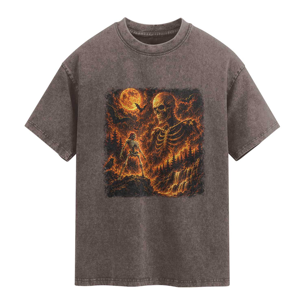 90s Retro Skeleton Full Moon Spooky Halloween Graphic Washed Cotton T-Shirt