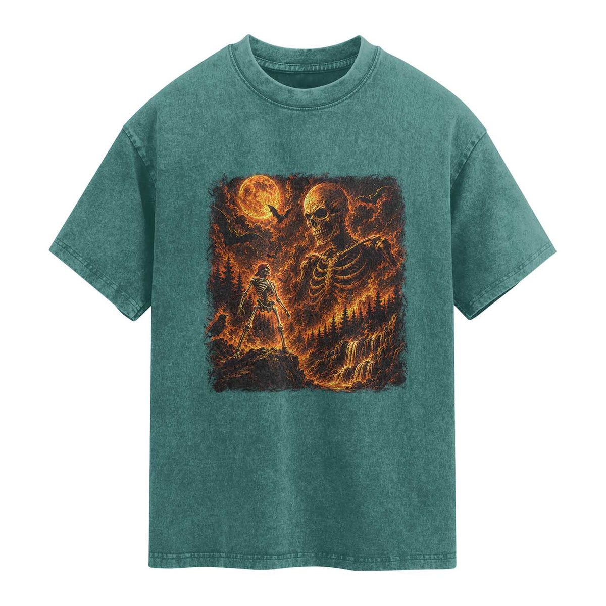 90s Retro Skeleton Full Moon Spooky Halloween Graphic Washed Cotton T-Shirt