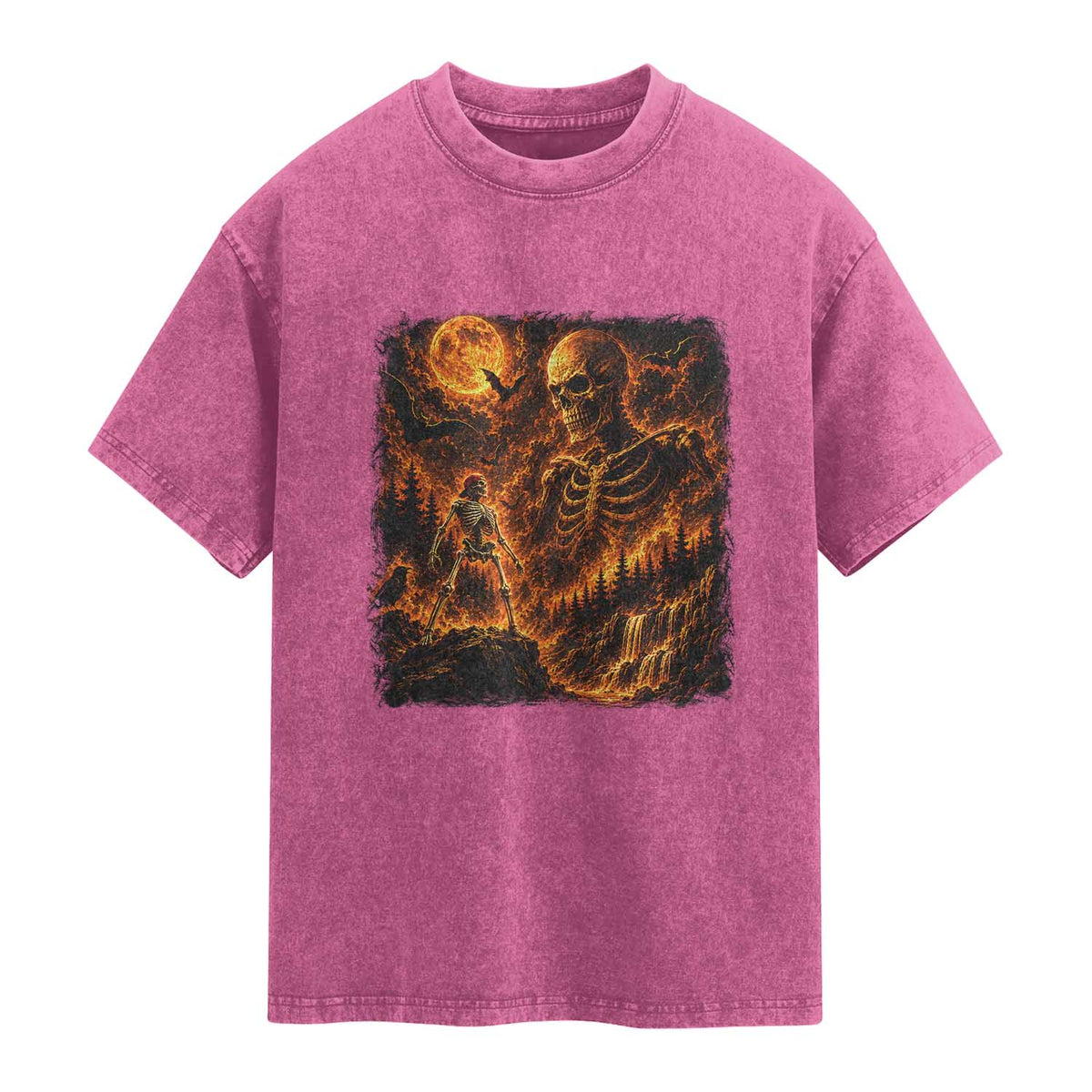 90s Retro Skeleton Full Moon Spooky Halloween Graphic Washed Cotton T-Shirt