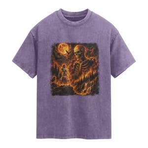90s Retro Skeleton Full Moon Spooky Halloween Graphic Washed Cotton T-Shirt