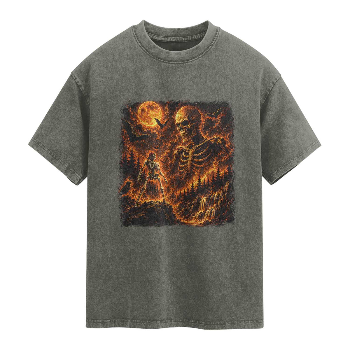 90s Retro Skeleton Full Moon Spooky Halloween Graphic Washed Cotton T-Shirt