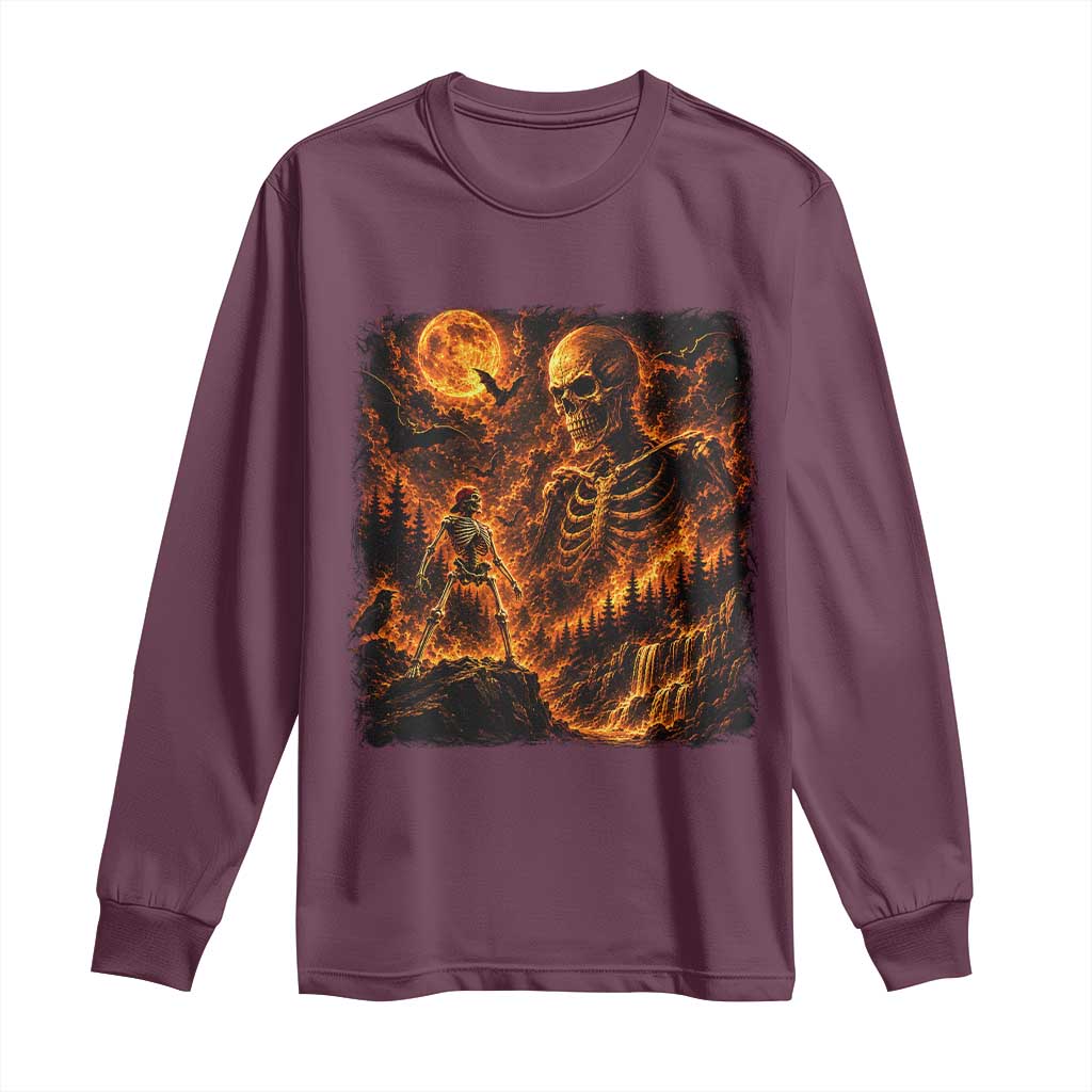 90s Retro Skeleton Full Moon Spooky Halloween Graphic Long Sleeve Shirt