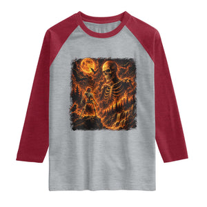 90s Retro Skeleton Full Moon Spooky Halloween Graphic Raglan Shirt