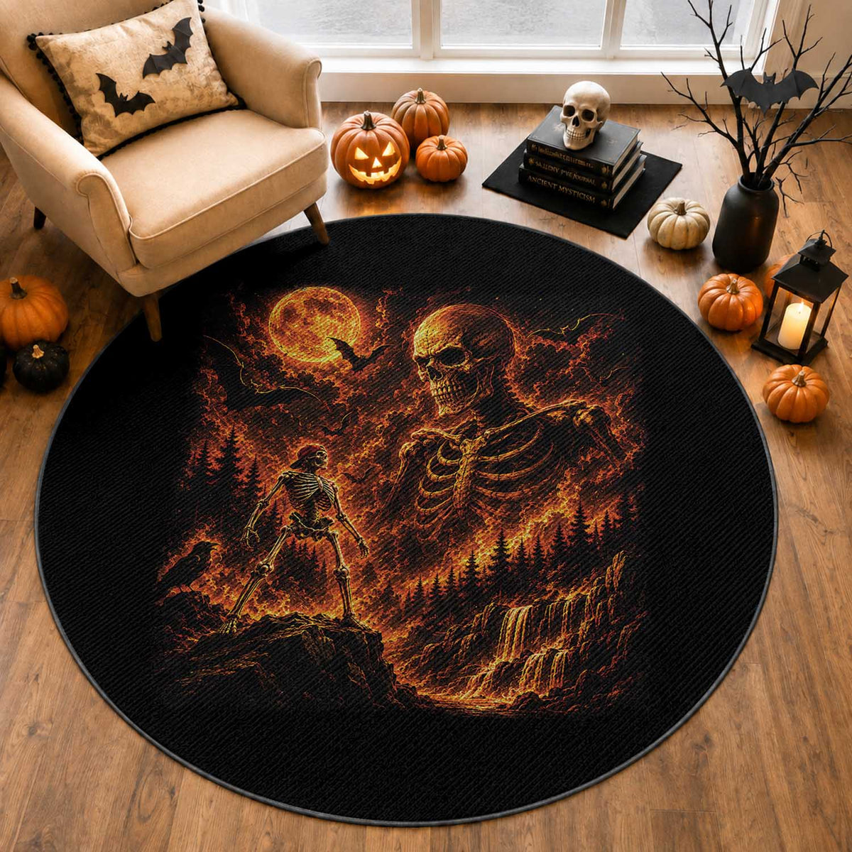 90s Retro Skeleton Full Moon Spooky Halloween Graphic Round Rug
