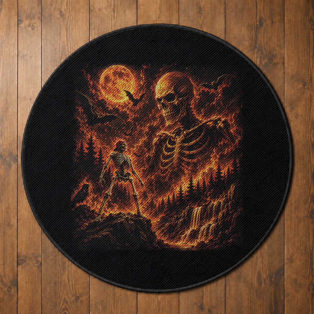 90s Retro Skeleton Full Moon Spooky Halloween Graphic Round Rug