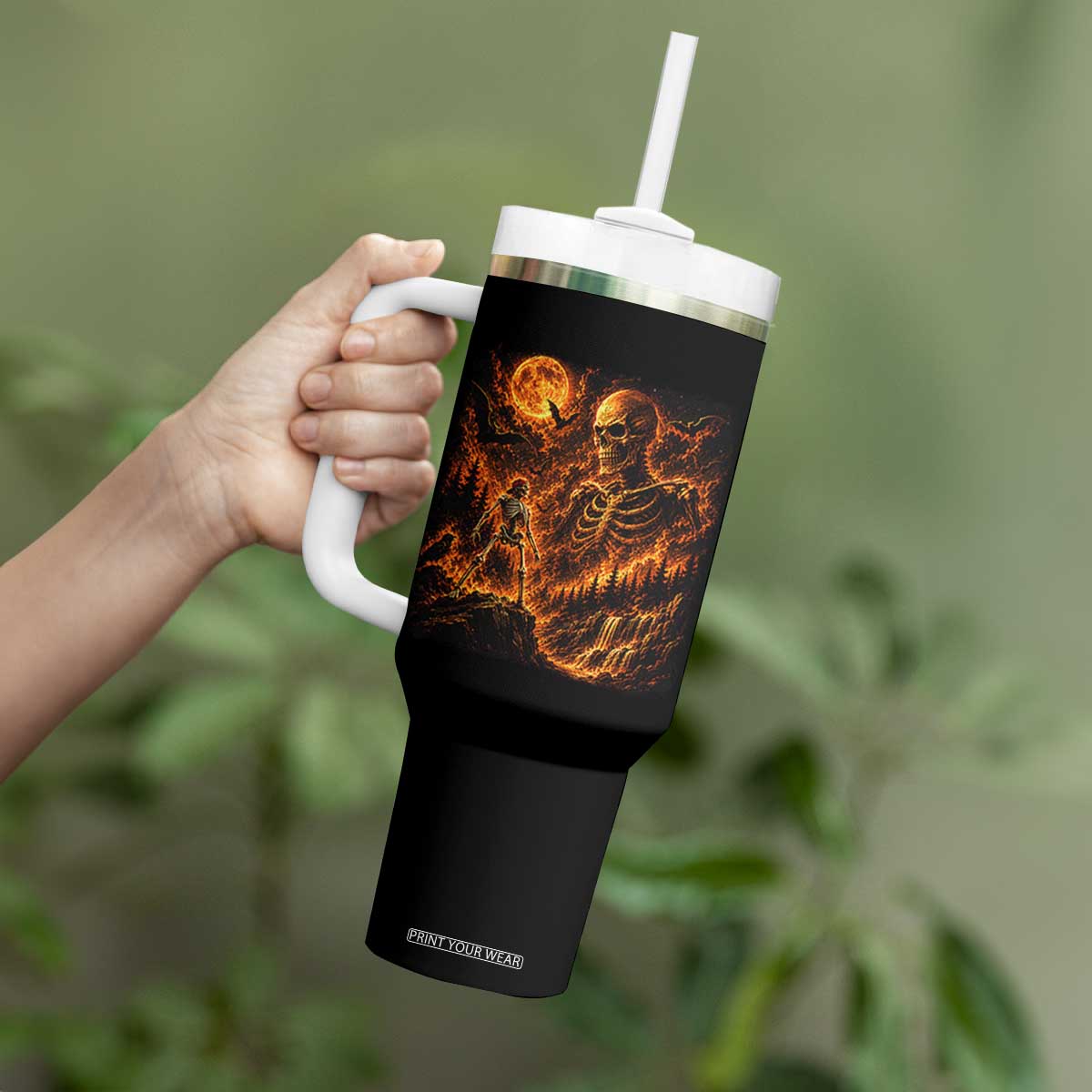 90s Retro Skeleton Full Moon Spooky Halloween Graphic Tumbler With Handle