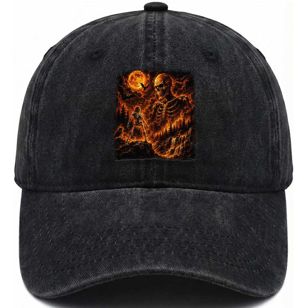 90s Retro Skeleton Full Moon Spooky Halloween Graphic Washed Cotton Baseball Cap