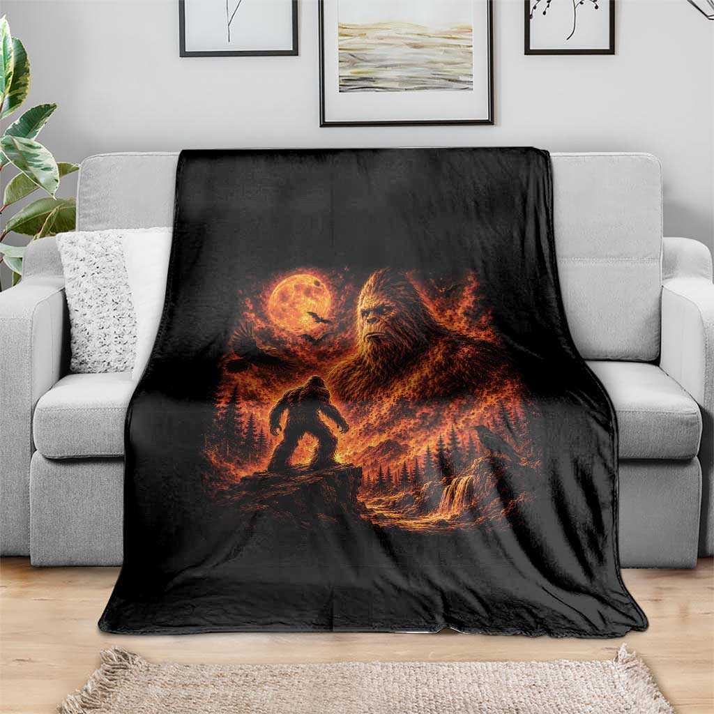 90s Retro Fiery Bigfoot Halloween Under The Moon Spooky Cryptid Graphic Throw Blanket