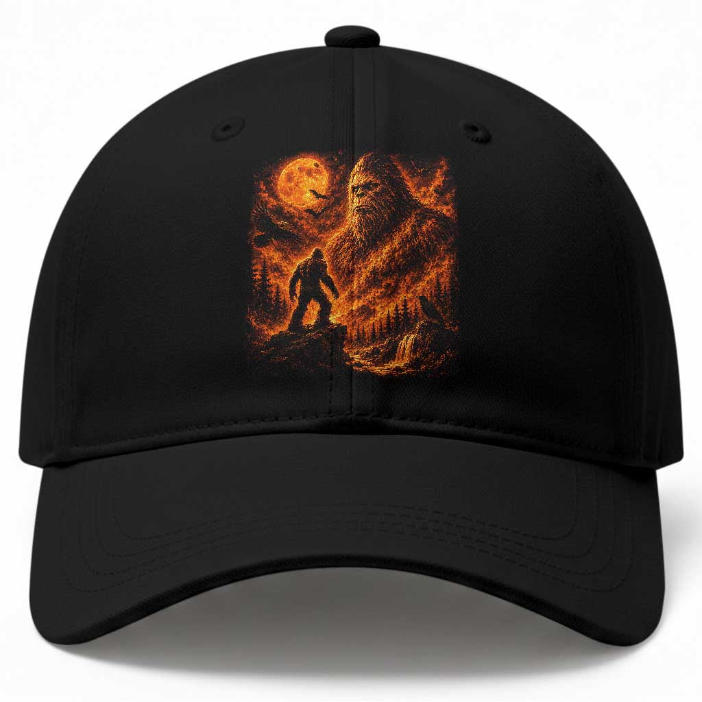 90s Retro Fiery Bigfoot Halloween Under The Moon Spooky Cryptid Graphic Baseball Cap
