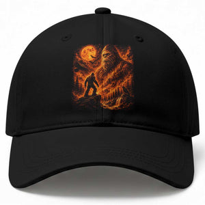 90s Retro Fiery Bigfoot Halloween Under The Moon Spooky Cryptid Graphic Baseball Cap