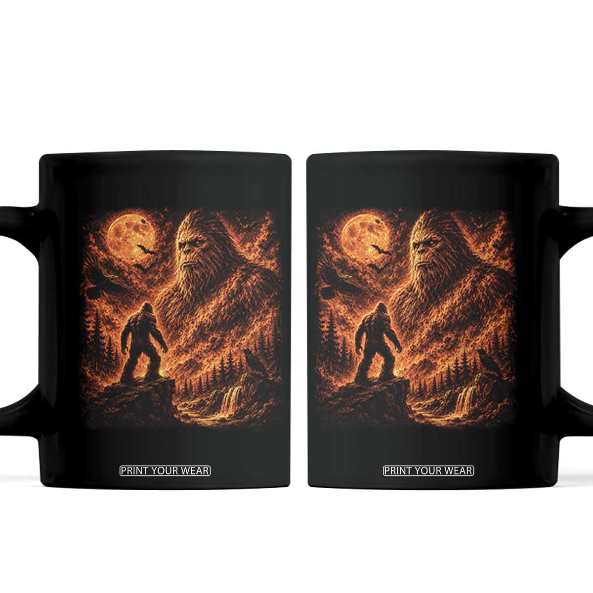 90s Retro Fiery Bigfoot Halloween Under The Moon Spooky Cryptid Graphic Coffee Mug