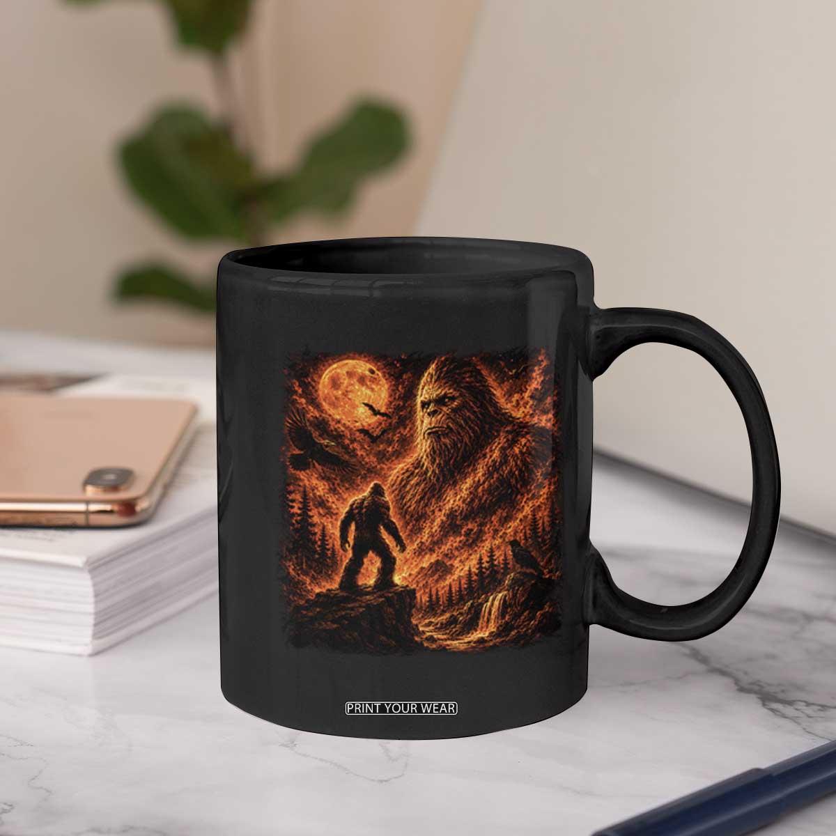 90s Retro Fiery Bigfoot Halloween Under The Moon Spooky Cryptid Graphic Coffee Mug