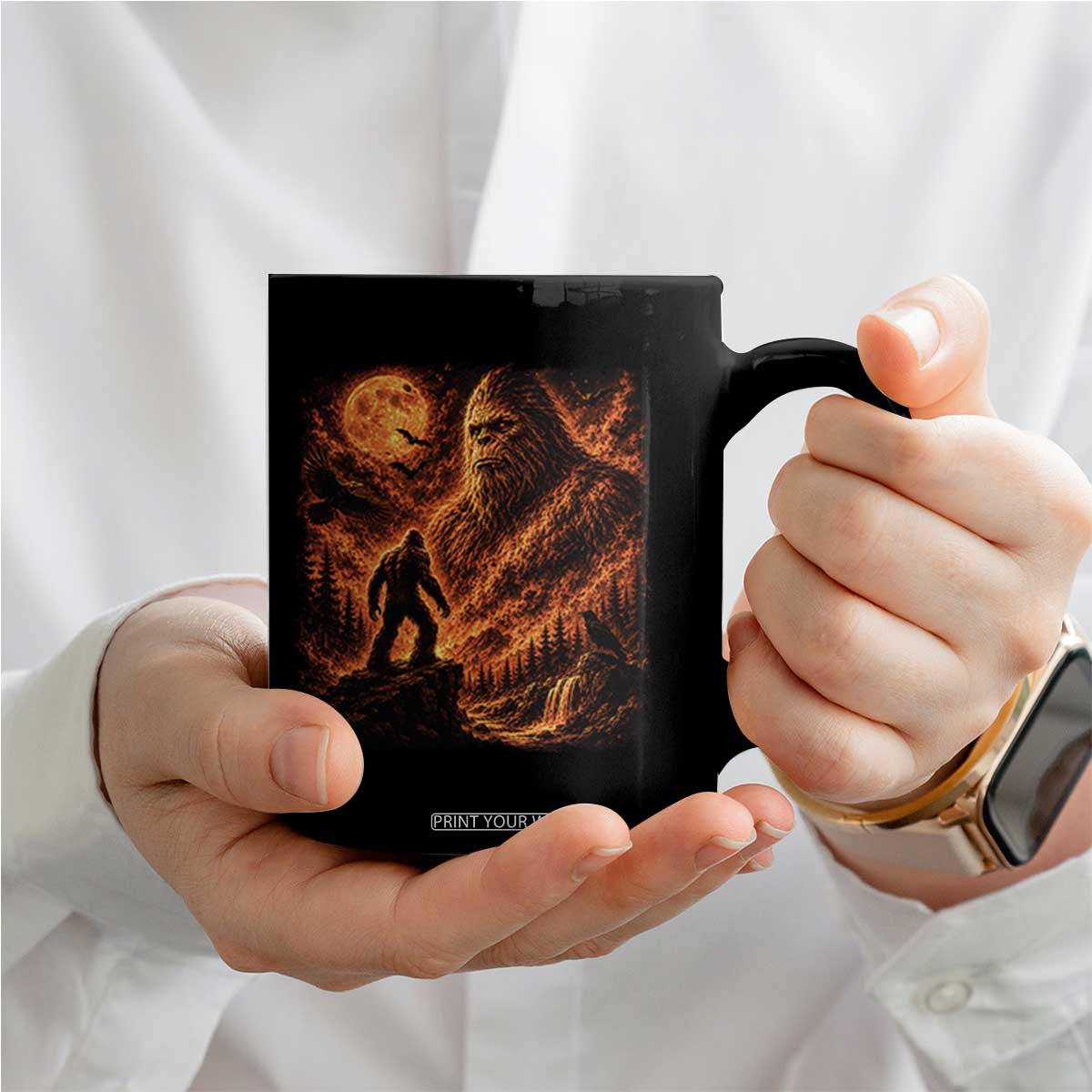 90s Retro Fiery Bigfoot Halloween Under The Moon Spooky Cryptid Graphic Coffee Mug