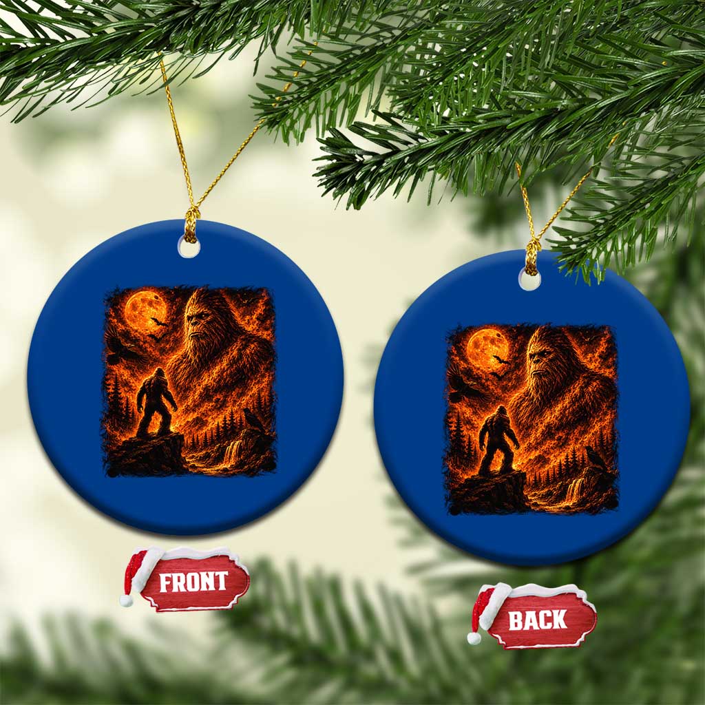 90s Retro Fiery Bigfoot Halloween Under The Moon Spooky Cryptid Graphic Ceramic Ornament